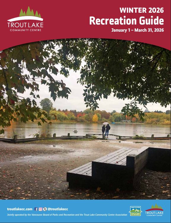 Cover page of the TLCC Winter 2026 Recreation Guide featuring a photo looking out into trout lake during autumn. There are leaves fallen on the ground and the trees are showing hues of red, orange, and yellows. 