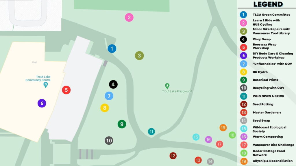 Illustrated map for Trout Lake's Earth Day showing where each booth is located around the centre. Legend is shown on right hand side